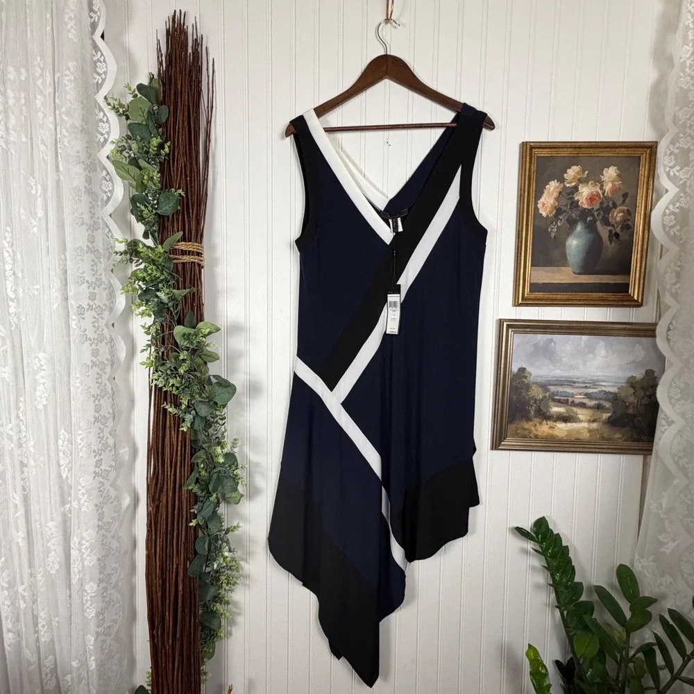 BCBGMAXAZRIA Dark Navy Colorblock Handkerchief Hem V-Neck Dress S SZO6185359-412